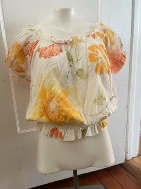 Nomadic Traders Floral Puff Sleeve Blouse Size M Orange Yellow Rayon Boho Top
